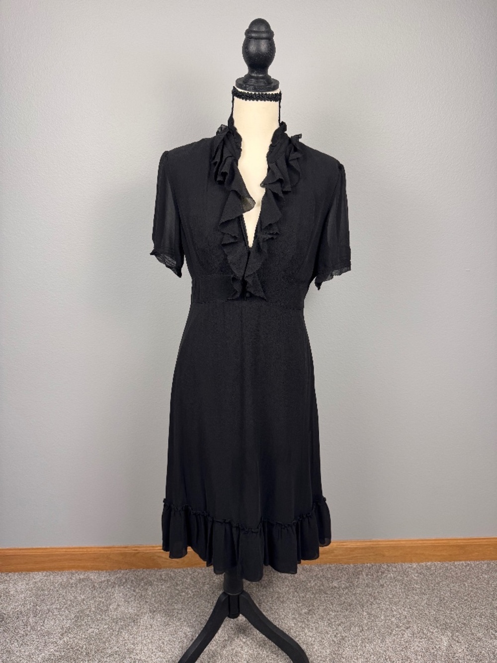 Vintage J.Crew 100% Silk Ruffled Dress Black Size 8